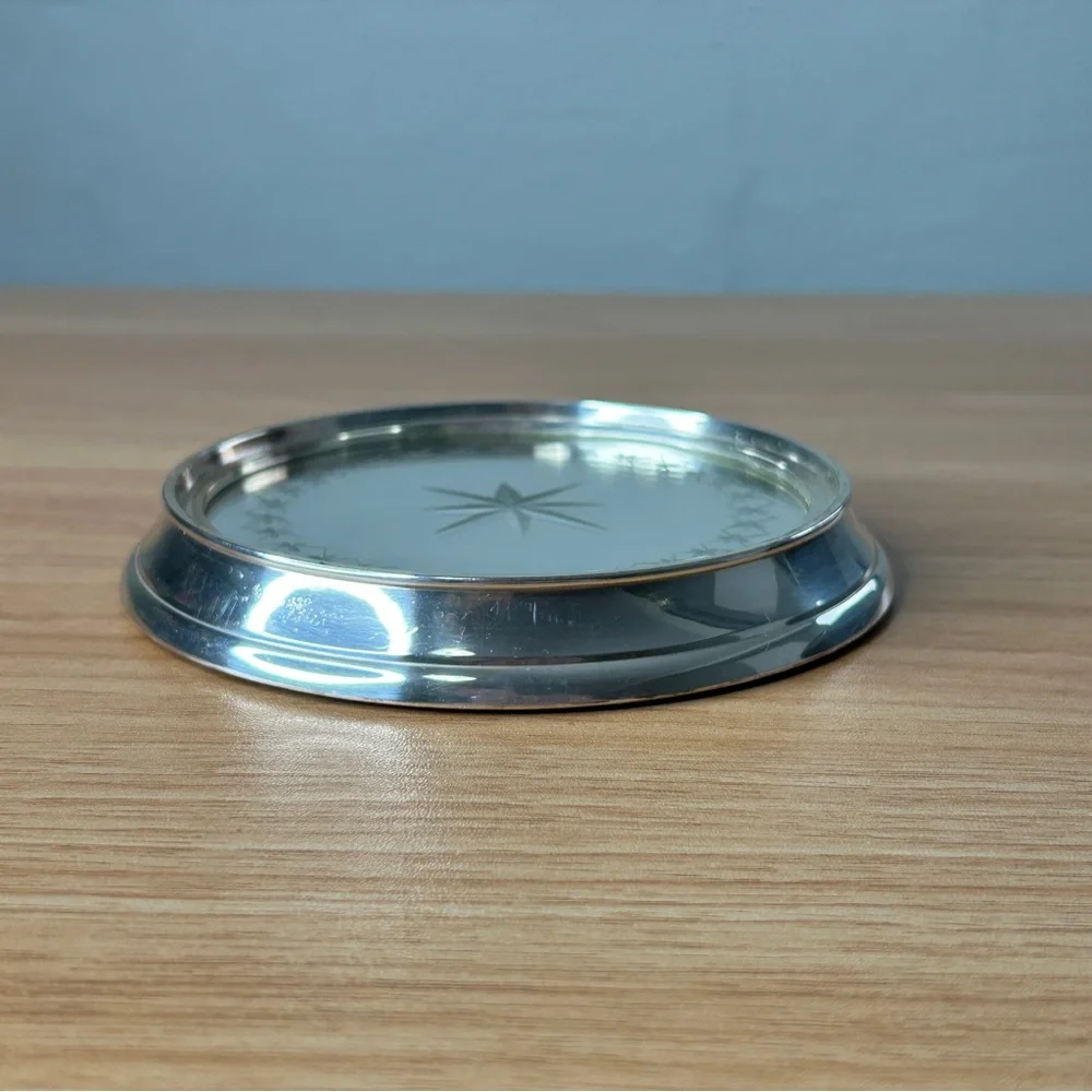 White Barn Co. Silver Star Burst Mirror Candle Wine Bottle Coaster Etched - Picture 5 of 13